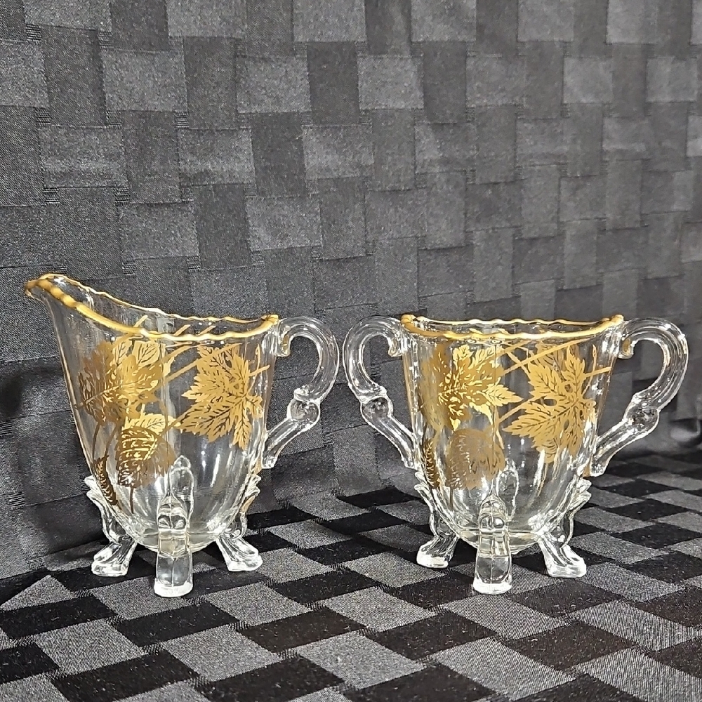 VTG Gold Overlay Rippled Rim and Leaf Motif Footed Creamer & Open Sugar